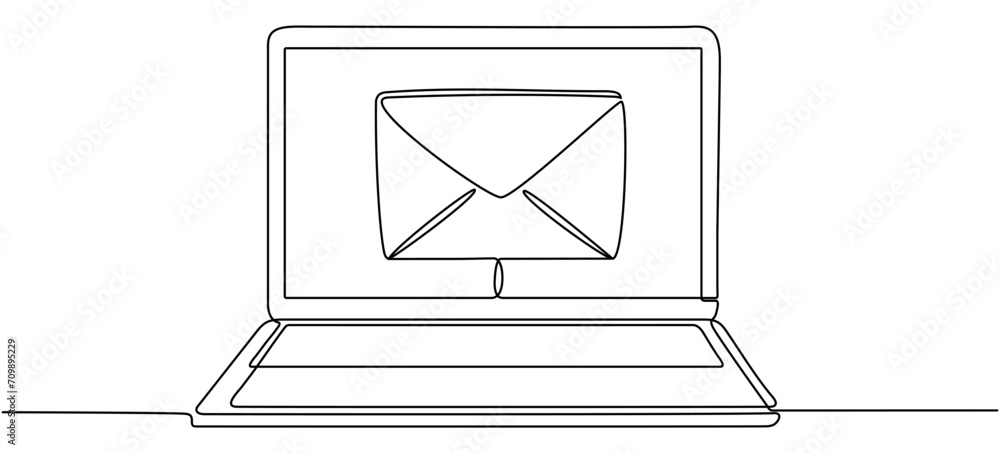 Poster laptop with envelope continuous line drawing. send message concept. vector illustration isolated on 