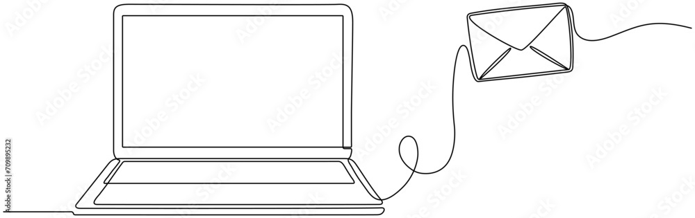 Poster laptop with envelope continuous line drawing. send message concept. vector illustration isolated on 