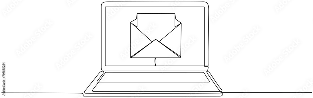 Poster laptop with open envelope continuous line drawing. send message concept. vector illustration isolate