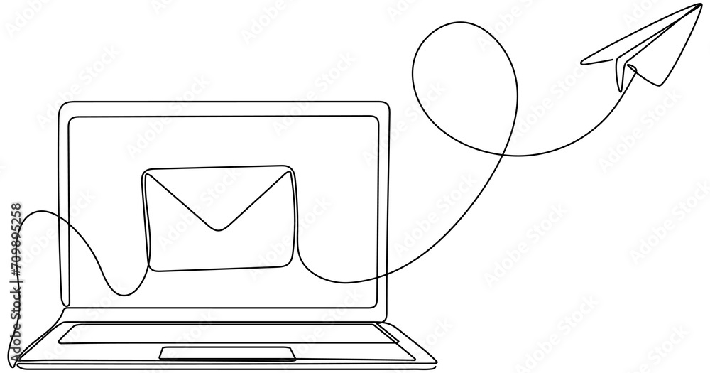 Poster laptop with envelope and paper plane continuous line drawing. send message concept. vector illustrat