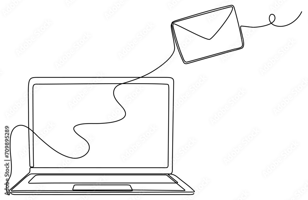 Poster laptop with envelope continuous line drawing. send message concept. vector illustration isolated on 