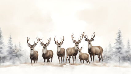 Mule Deer (Cervus elaphus) herd in winter forest. Digital painting.
