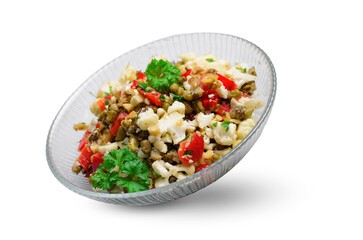 Cauliflower Mung Bean and Bell Pepper Salad, Vegan Food, Tasty Appetizer on White Background