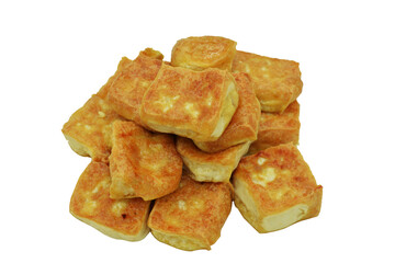 pieces of fried tofu, vegetarian dish made from soybeans isolate on transparent background, element for design