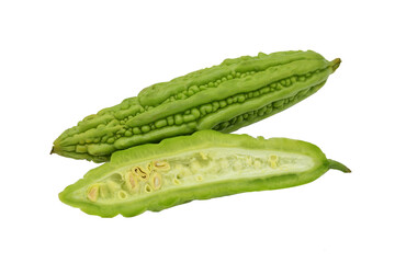 Bitter melon fruit is sliced lengthwise, vegetables that are good for your health isolate on...