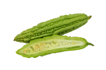 Bitter melon fruit is sliced lengthwise, vegetables that are good for your health isolate on transparent background, element for design