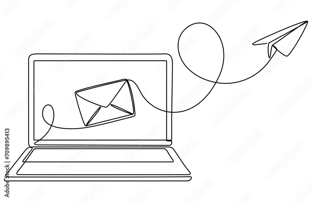 Poster laptop with envelope and paper plane continuous line drawing. send message concept. vector illustrat