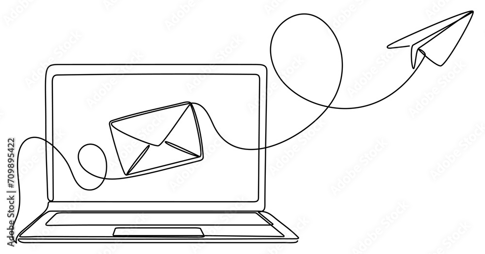Poster laptop with envelope and paper plane continuous line drawing. send message concept. vector illustrat