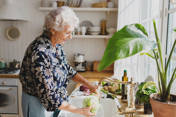 Side view of charming kind caucasian grandma washing vegetables from her garden under tap water in kitchen to cook delicious tasty dinner for her grandchildren, friends and big family