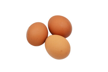 three brown shell eggs, chicken eggs, nutritional food isolate on transparent background, element for design