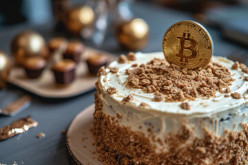 chocolate cake with icing, bitcoin concept 