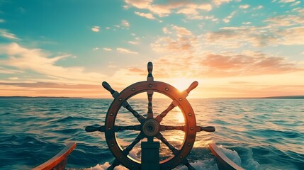 ship wheel on boat with sea and sky. freedom and adventure. direction concept - obrazy, fototapety, plakaty