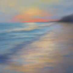Obraz premium The beach at sunset. Pastel colors in impressionist style. Beach illustration. 