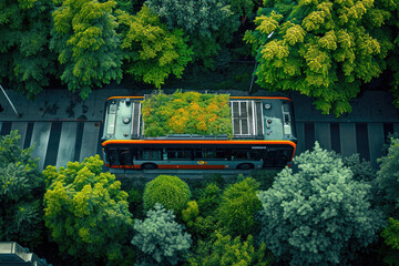 Fotografía de un autobús ecológico en una parada rodeado de áreas verdes, energía sostenible - obrazy, fototapety, plakaty