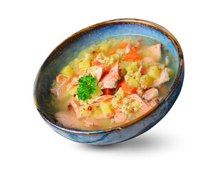 Fish Soup with Salmon, Millet and Vegetables, Tasty Meal on White Background