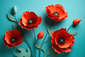 Striking paper poppies on teal, a stylized tribute to the symbolic remembrance of ANZAC Day