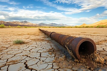 Dry cracked desert with old water pipe
