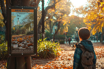 Fotografía de un niño leyendo un cartel educativo en un parque que destaca la importancia de cuidar el medio ambiente - obrazy, fototapety, plakaty