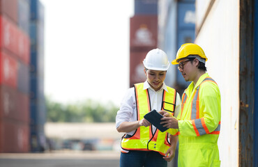Portrait of Asian woman engineer and worker working with co-worker at overseas shipping container yard.