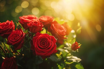 Red rose bouquet bathed in golden sunlight showcasing the velvety petals and lush greenery a quintessential symbol of love captured in exquisite detail