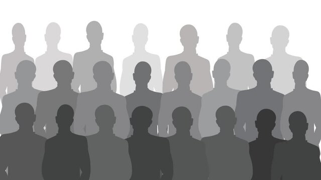 Unrecognizable People Silhouette Pop-up animation on white background. Crowd of unknown person standing filling the white background 