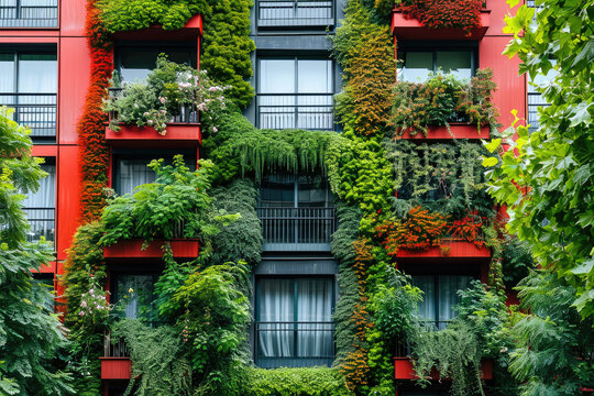 Fotografía de un edificio con fachada cubierta de plantas y vegetación, casa sostenible