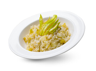 Pear and Parmesan Risotto on a Plate, Italian Cuisine, Tasty Dinner on White Background