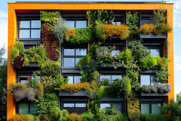 Fotografía de un edificio con fachada cubierta de plantas y vegetación, casa sostenible