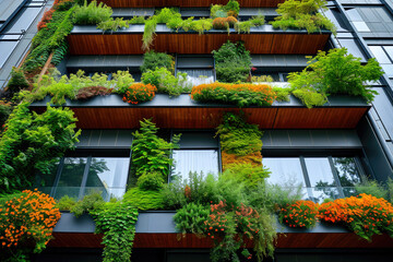 Fototapeta na wymiar Fotografía de un edificio con fachada cubierta de plantas y vegetación, casa sostenible