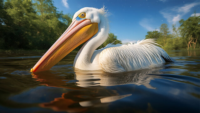 Pelican swimming in the lake. 3d render illustration.