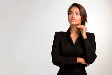 Latina business woman with a hand on chin, looking up at copy space with a thoughtful expression, in a black suit