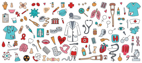 Hand drawn medical and medical drawings. Healthcare, pharmacy, medical icons collection. Vector 