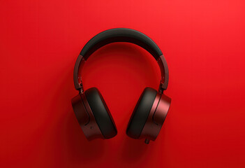 Fototapeta na wymiar black headphones on a red background 