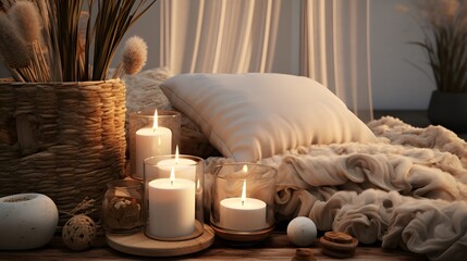 Fototapeta na wymiar Soothing Serenity with Candles and Natural Textures