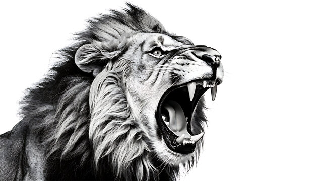 Lion roaring isolated on white background. Black and white illustration.