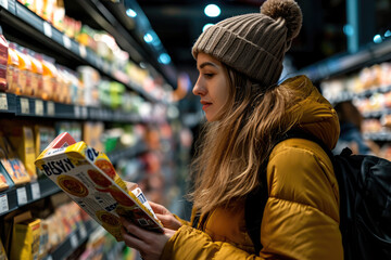 Fotografía de una persona leyendo etiquetas de productos en un supermercado, alimentación consciente - obrazy, fototapety, plakaty