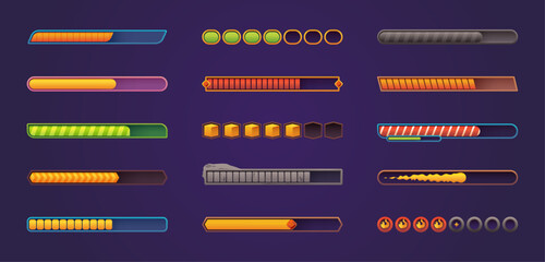Progress bar. UI game asset for mobile and web application, GUI level indicator for potion and health, shiny glowing icons. Vector isolated set of interface design button illustration