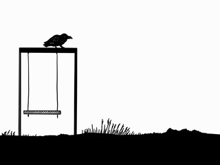 clever crow perched on a child's swing, black and white silhouette 