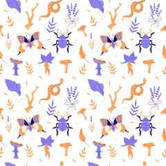 Fototapeta na wymiar Seamless pattern with forest insects and plants