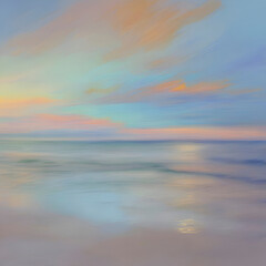 Naklejka na ściany i meble The beach at sunset. Pastel colors in impressionist style. Beach illustration. 