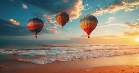 Hot air balloons over sea beach view