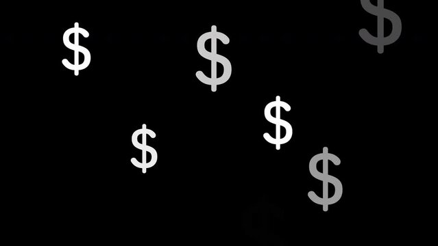 Loop animation of many dollar signs appearing and disappearing on black background
