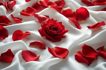 Fototapeta na wymiar Red rose petals scattered on a white silk sheet creat ing a sensual and romantic backdrop symbolizing passion and love in an intimate setting