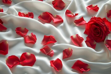 Red rose petals scattered on a white silk sheet creat ing a sensual and romantic backdrop symbolizing passion and love in an intimate setting