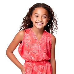 Front view mid shot of a Polynesian 10-year-old girl wearing a lovely coral pink jumpsuit, smiling on a white background