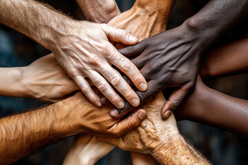 Manos de personas de diferentes razas dándose la mano luchando contra el racismo - obrazy, fototapety, plakaty