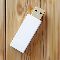A white flash drive lies on a white wooden table, next to a laptop, top view, super realism created with Generative Ai