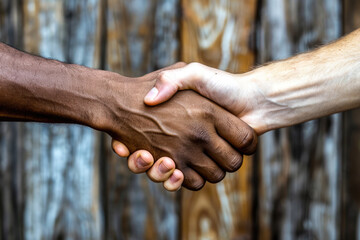 Manos de personas de diferentes razas dándose la mano luchando contra el racismo - obrazy, fototapety, plakaty