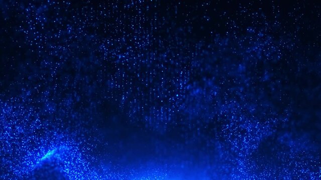Blue Particles Moving Background. fast energy flying wave dust. Particle from below. Particle blue dust flickering on black background. Abstract Footage background for text.