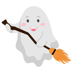 Cute ghost with Halloween broom. Vector illustration.